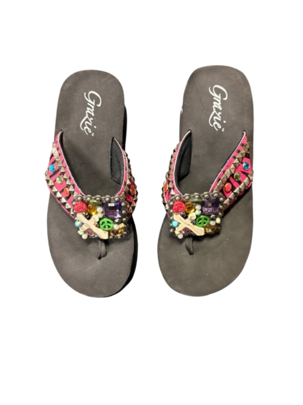 Women's Grazie Black Pink Embellished Wedge Flip Flop Sandals Size 9